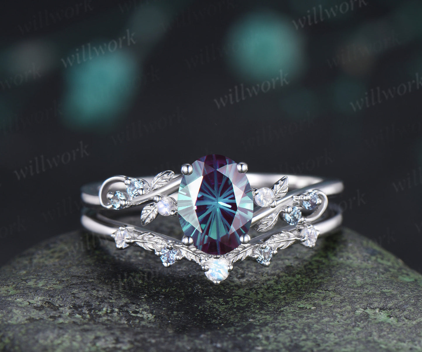 Oval Fireworks Cut Alexandrite Engagement Ring Set Leaf Twig Moonstone Promise Ring Matching Wedding Band Unique Bridal Set