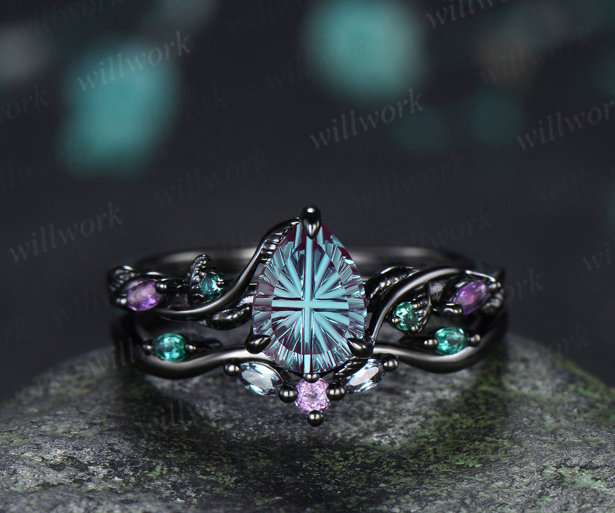 Pear Fantasy Cut Alexandrite Ring Set Leaf Twig Amethyst Emerald Ring Curved Alexandrite Wedding Band Unique Bridal Set