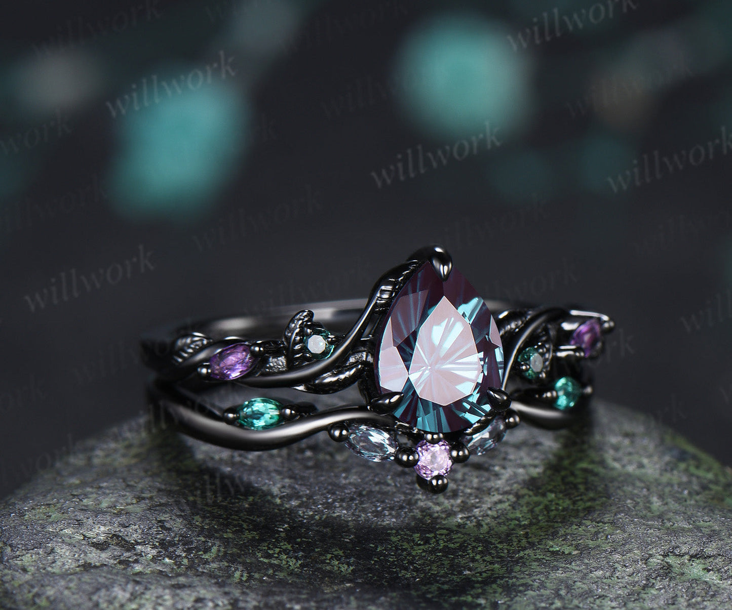 Fireworks Cut Alexandrite Engagement Ring Set Twig Leaf Amethyst Emerald Accent Promise Ring Matching Wedding Band Nature Inspired Bridal Set
