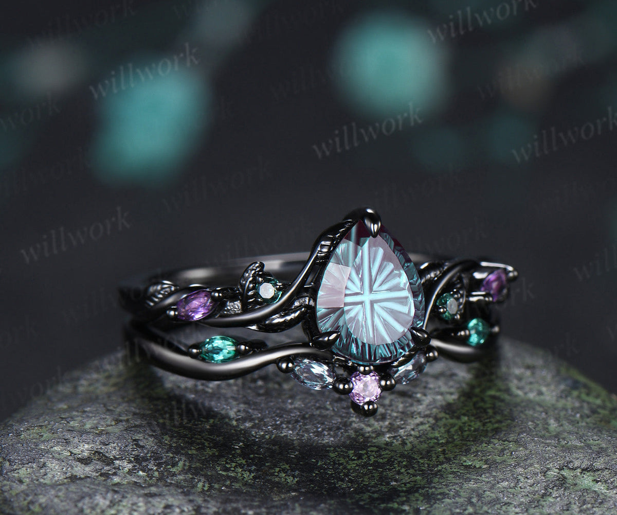 Pear Fantasy Cut Alexandrite Ring Set Leaf Twig Amethyst Emerald Ring Curved Alexandrite Wedding Band Unique Bridal Set