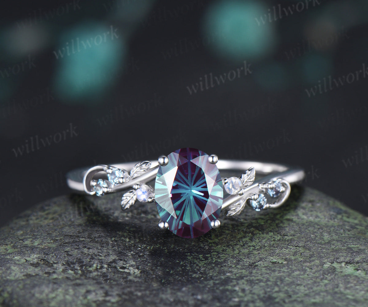Oval Fireworks Cut Alexandrite Engagement Ring Set Leaf Twig Moonstone Promise Ring Matching Wedding Band Unique Bridal Set