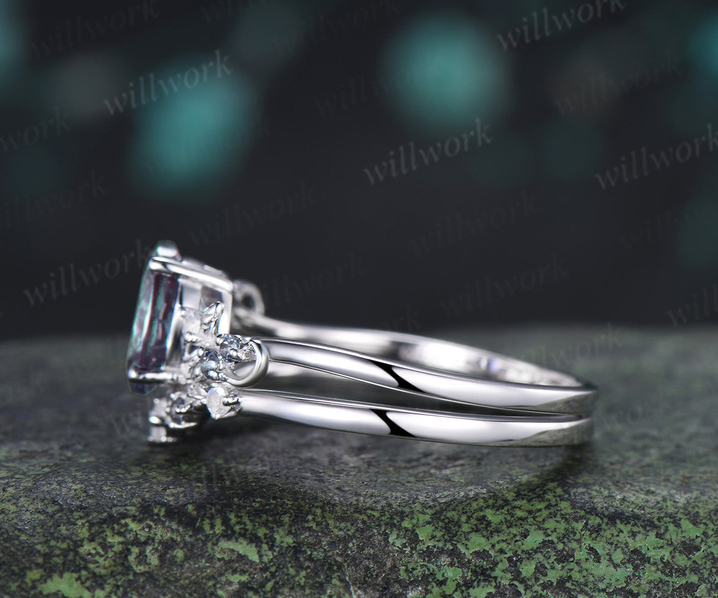 Oval Fireworks Cut Alexandrite Engagement Ring Set Leaf Twig Moonstone Promise Ring Matching Wedding Band Unique Bridal Set
