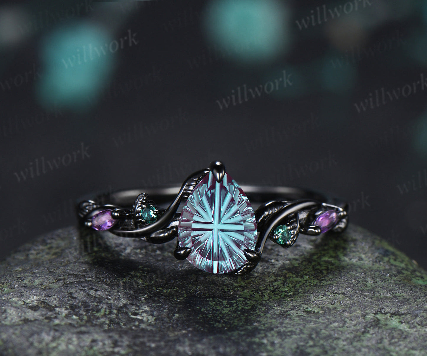 Pear Fantasy Cut Alexandrite Ring Set Leaf Twig Amethyst Emerald Ring Curved Alexandrite Wedding Band Unique Bridal Set