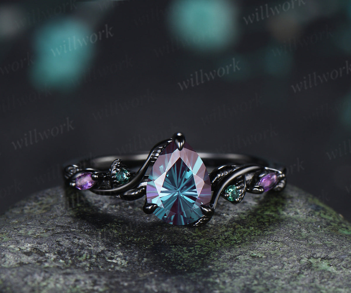 Fireworks Cut Alexandrite Engagement Ring Set Twig Leaf Amethyst Emerald Accent Promise Ring Matching Wedding Band Nature Inspired Bridal Set