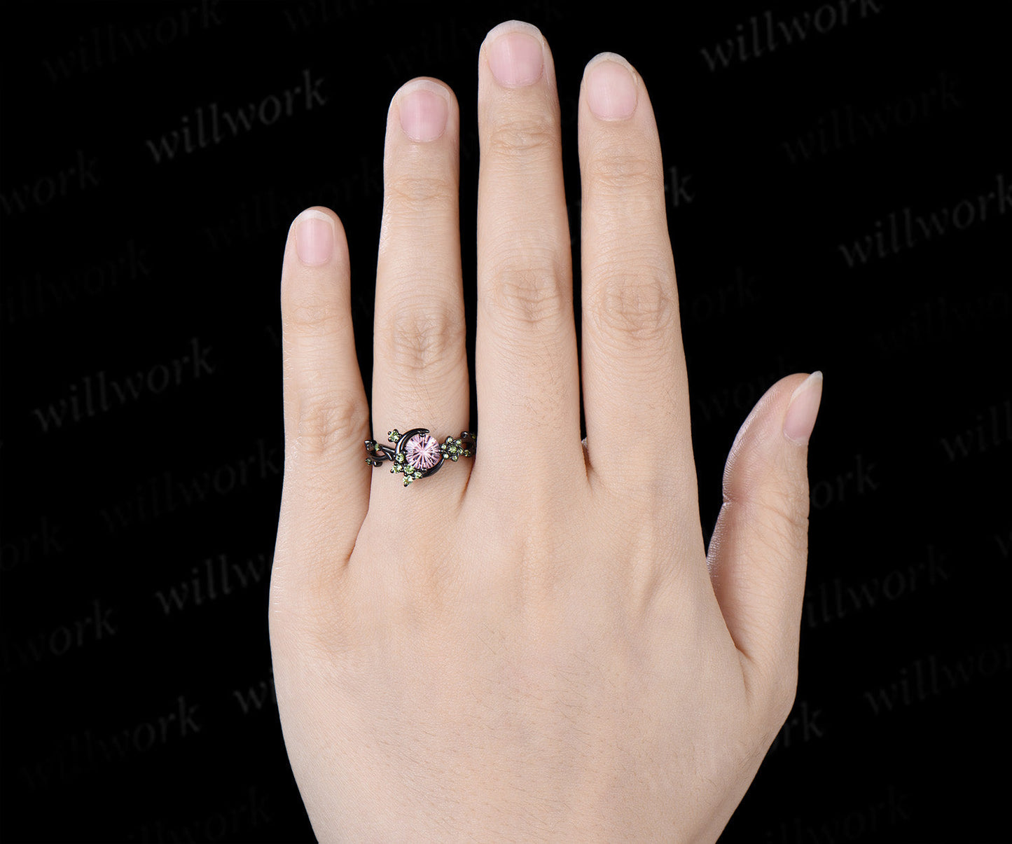 Round Fireworks Padparadscha Engagement Ring Moon Vine Floral Peridot Accent Promise Ring Unique Twig Band