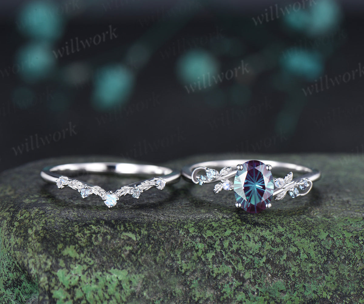 Oval Fireworks Cut Alexandrite Engagement Ring Set Leaf Twig Moonstone Promise Ring Matching Wedding Band Unique Bridal Set