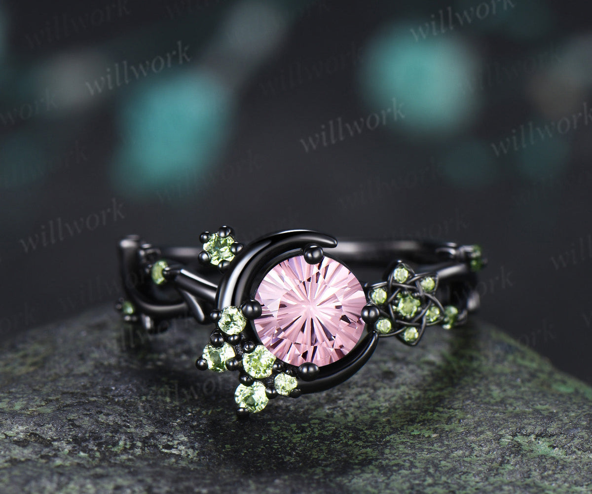 Round Fireworks Padparadscha Engagement Ring Moon Vine Floral Peridot Accent Promise Ring Unique Twig Band