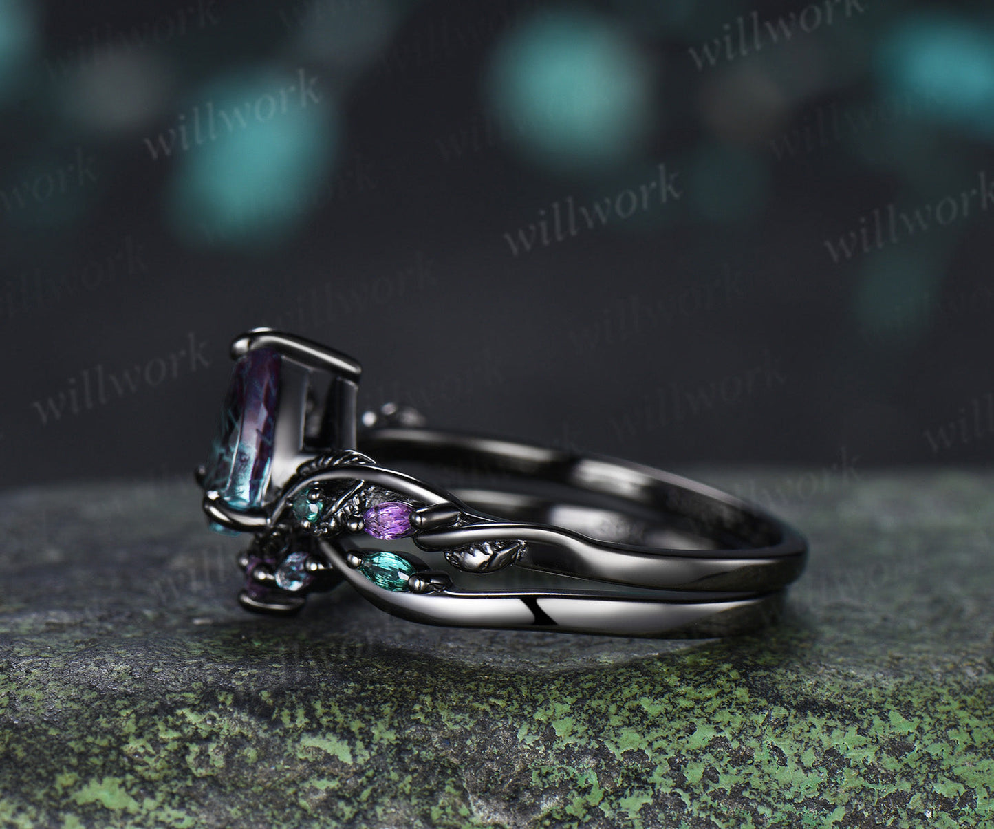 Pear Fantasy Cut Alexandrite Ring Set Leaf Twig Amethyst Emerald Ring Curved Alexandrite Wedding Band Unique Bridal Set