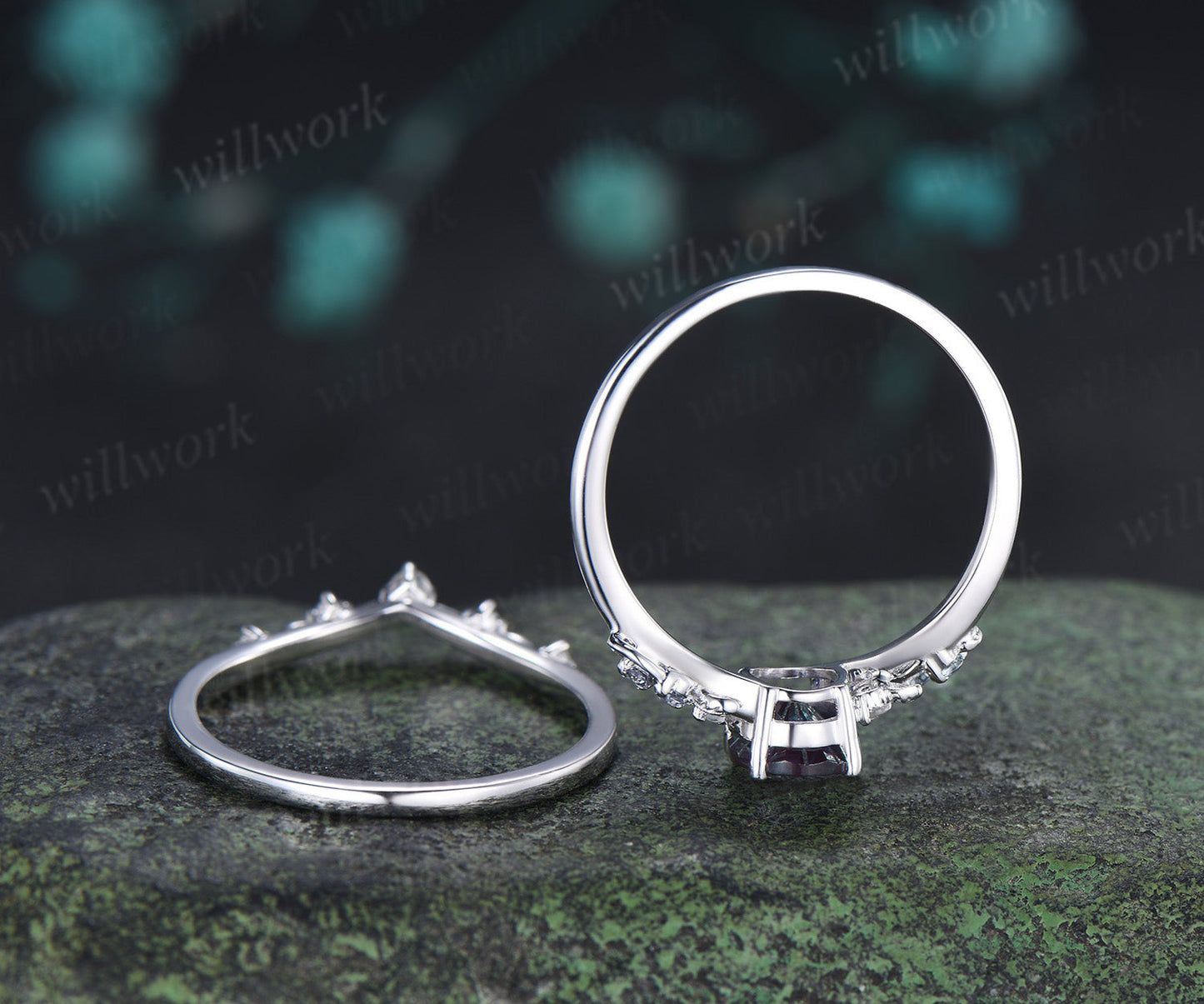 Oval Fireworks Cut Alexandrite Engagement Ring Set Leaf Twig Moonstone Promise Ring Matching Wedding Band Unique Bridal Set