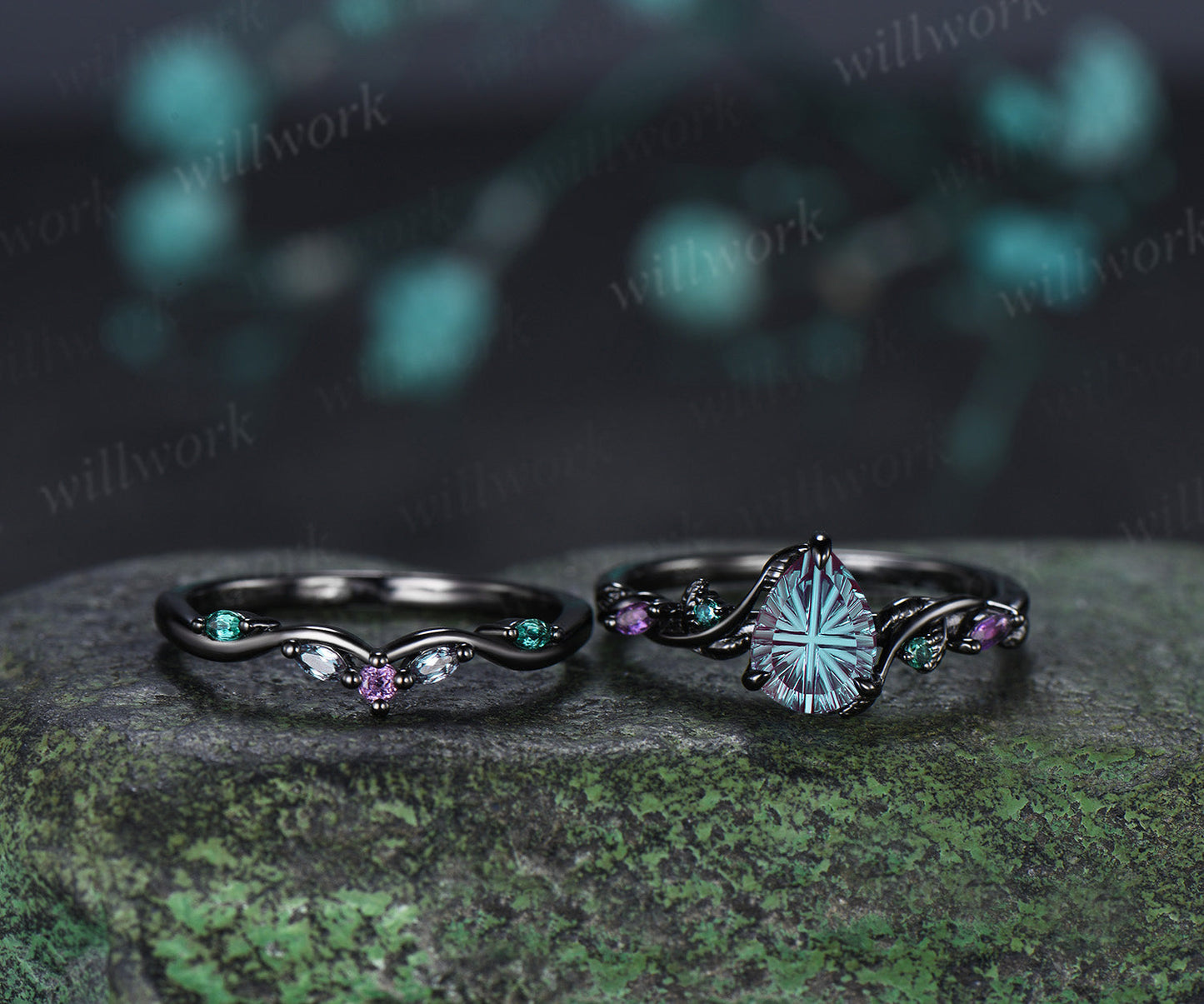 Pear Fantasy Cut Alexandrite Ring Set Leaf Twig Amethyst Emerald Ring Curved Alexandrite Wedding Band Unique Bridal Set