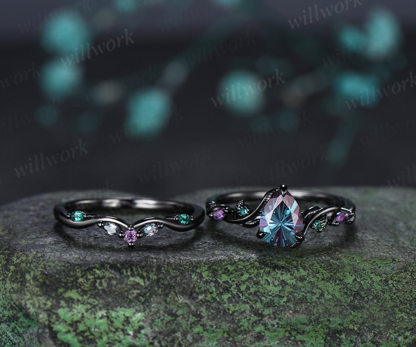 Fireworks Cut Alexandrite Engagement Ring Set Twig Leaf Amethyst Emerald Accent Promise Ring Matching Wedding Band Nature Inspired Bridal Set