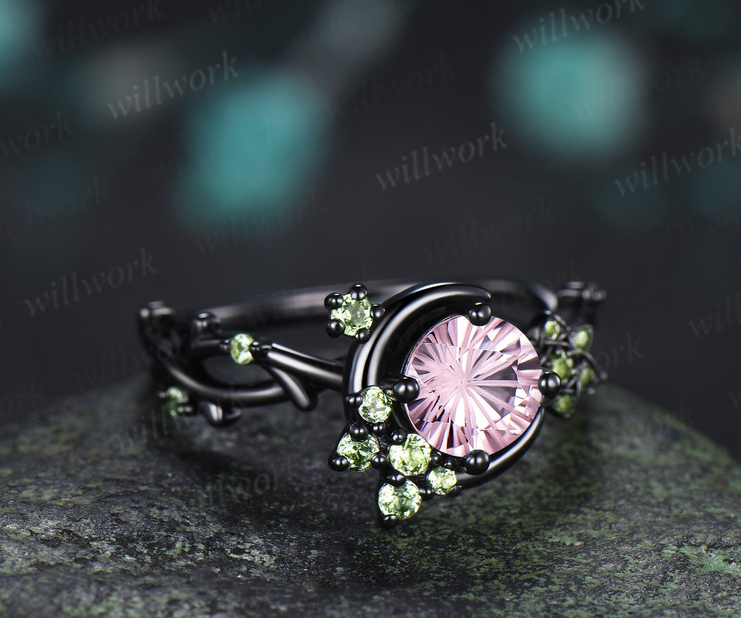 Round Fireworks Padparadscha Engagement Ring Moon Vine Floral Peridot Accent Promise Ring Unique Twig Band