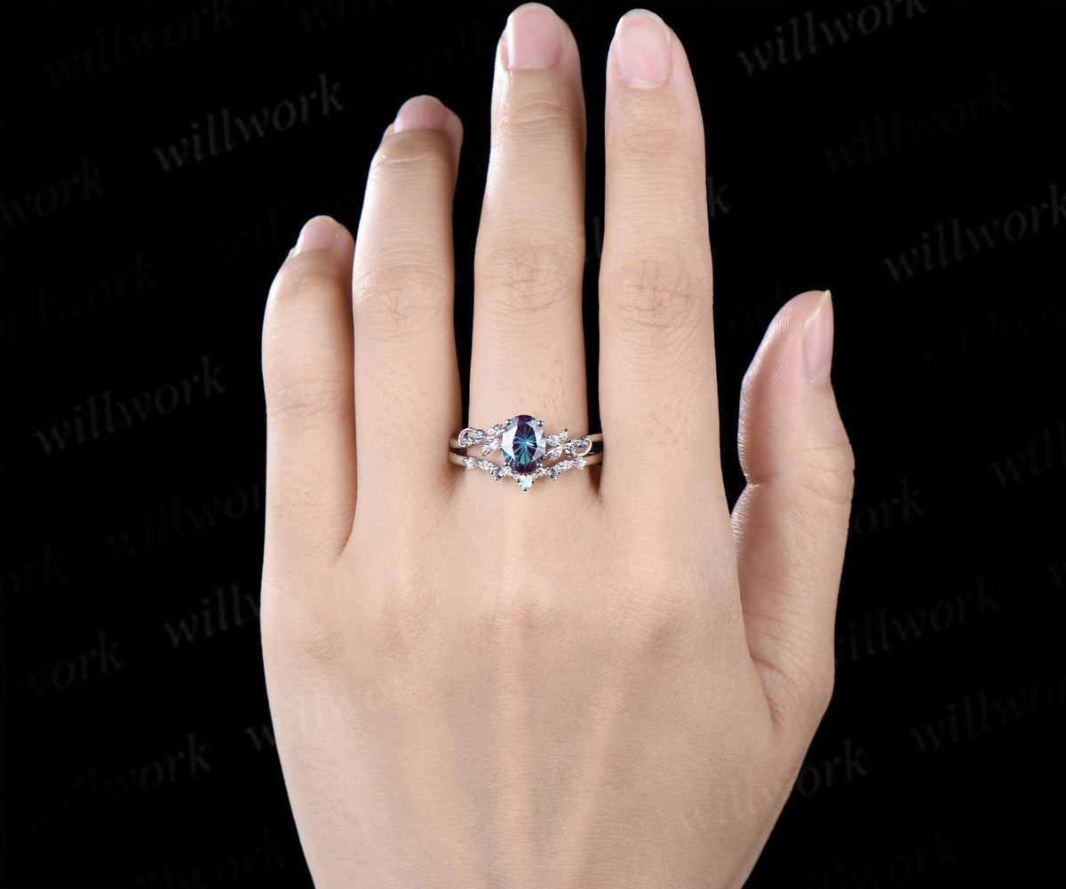 Oval Fireworks Cut Alexandrite Engagement Ring Set Leaf Twig Moonstone Promise Ring Matching Wedding Band Unique Bridal Set