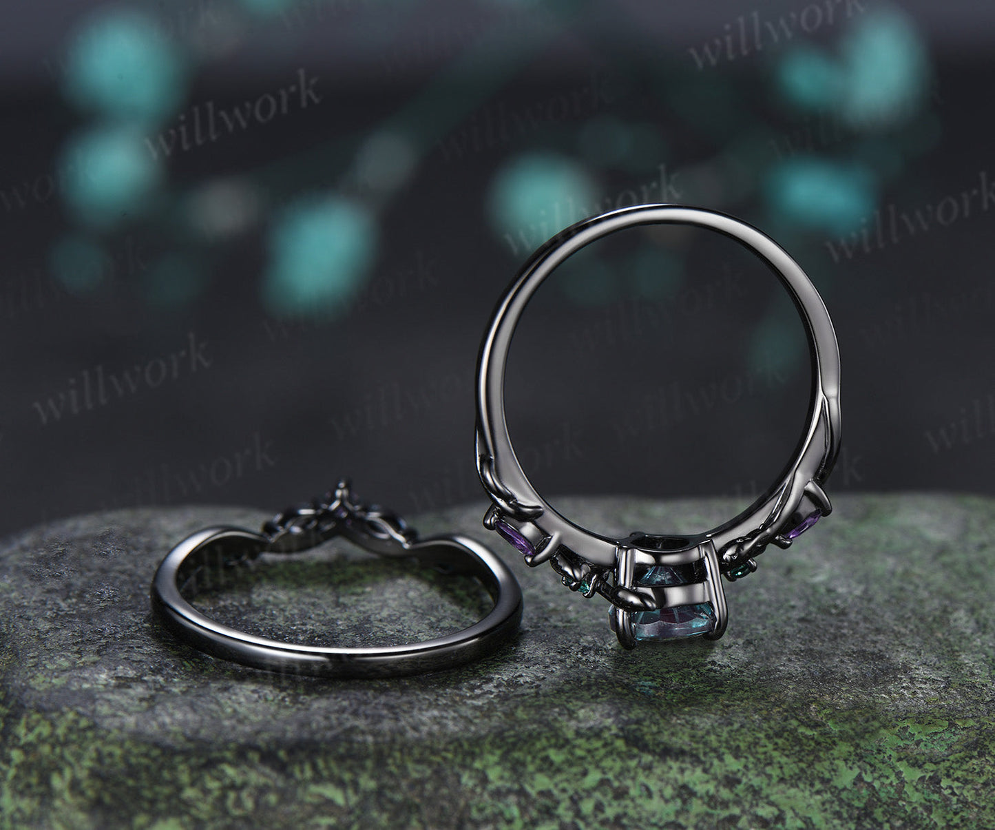 Pear Fantasy Cut Alexandrite Ring Set Leaf Twig Amethyst Emerald Ring Curved Alexandrite Wedding Band Unique Bridal Set