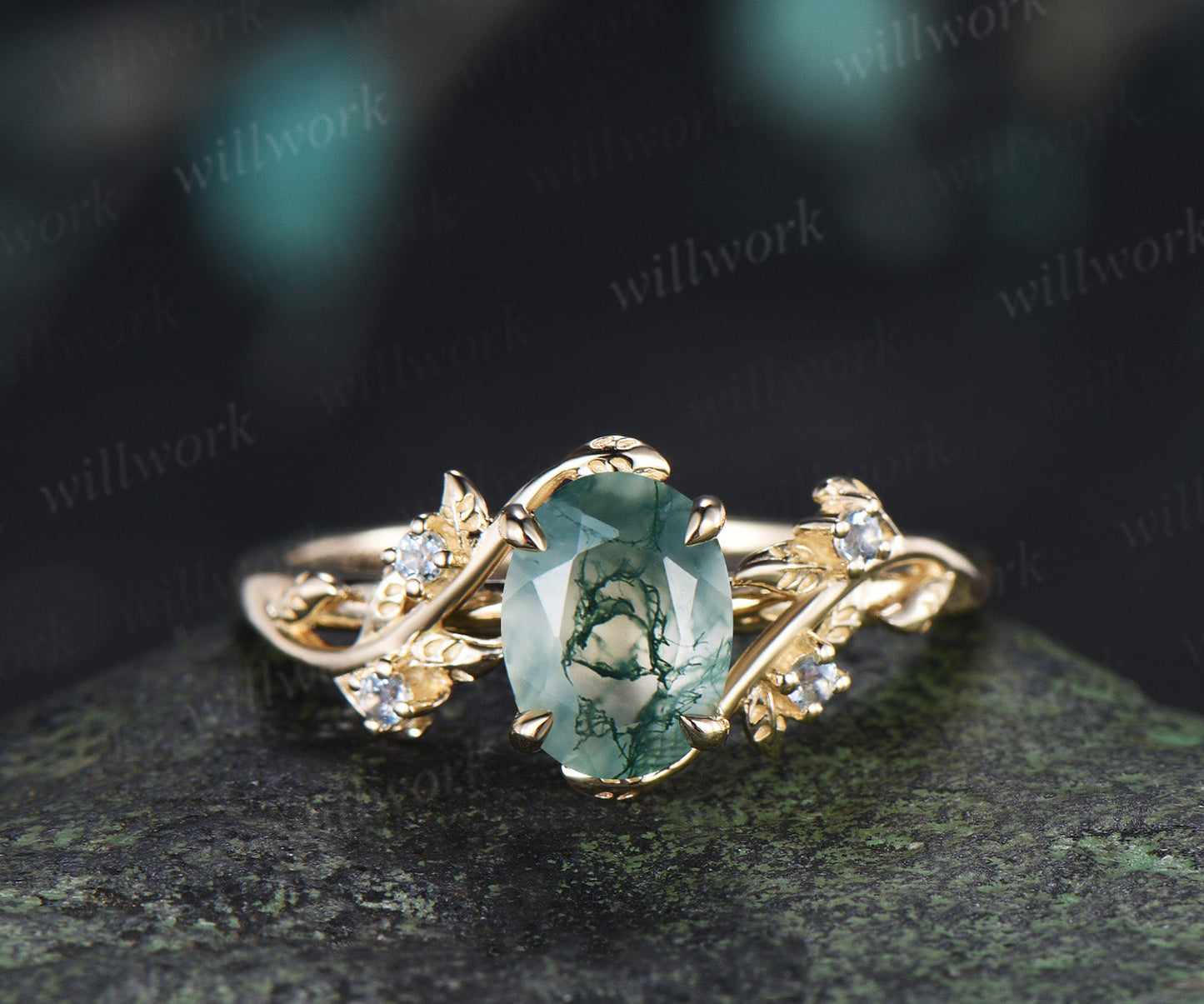 Oval cut Natural Moss Agate Engagement Ring Set Twig Leaf Promise Ring Aquamarine Wedding Band Nature Inspired Bridal Set