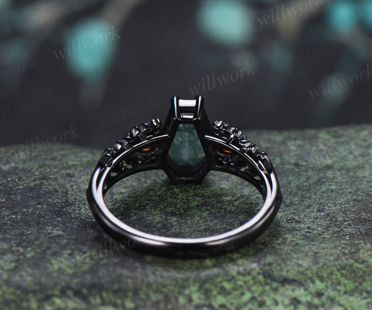 Gothic Coffin Moss Agate Engagement Ring Oak Leaf Garnet Black Gold Ring Gifts for Women