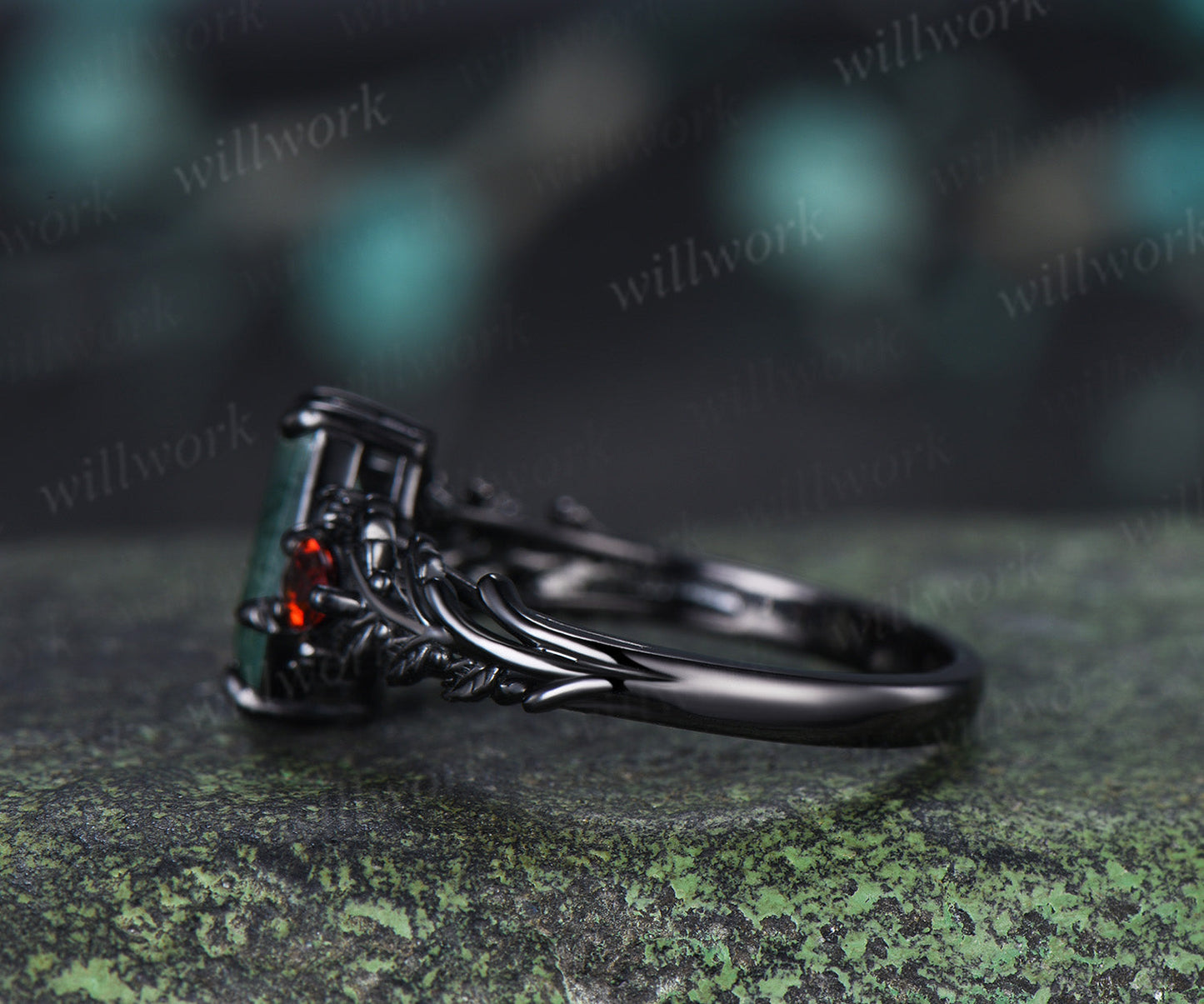 Gothic Coffin Moss Agate Engagement Ring Oak Leaf Garnet Black Gold Ring Gifts for Women