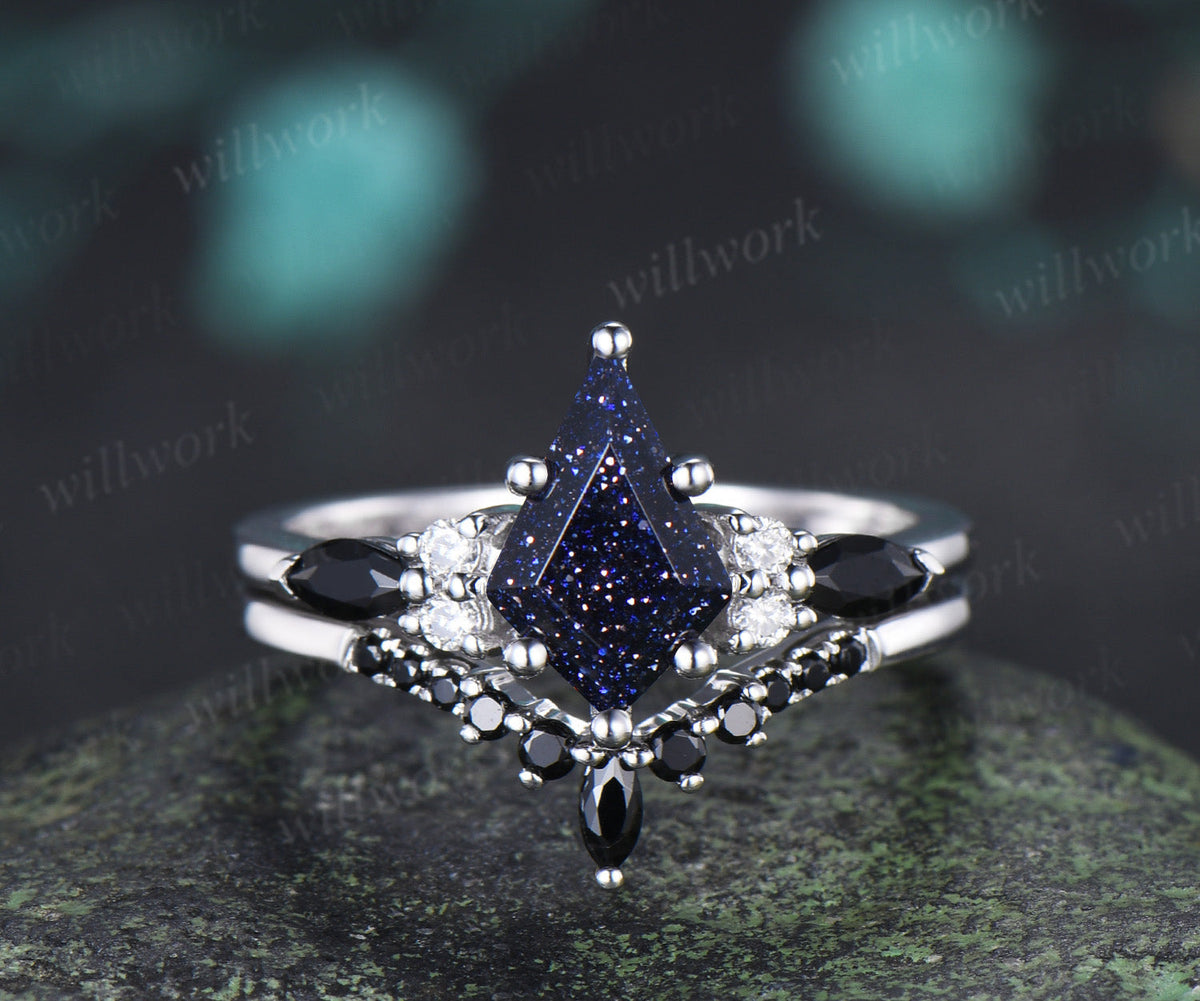 Kite Cut Blue Sandstone Ring Set & 5mm Blue Sandstone Full Eternity Ring Unique Couple Rings