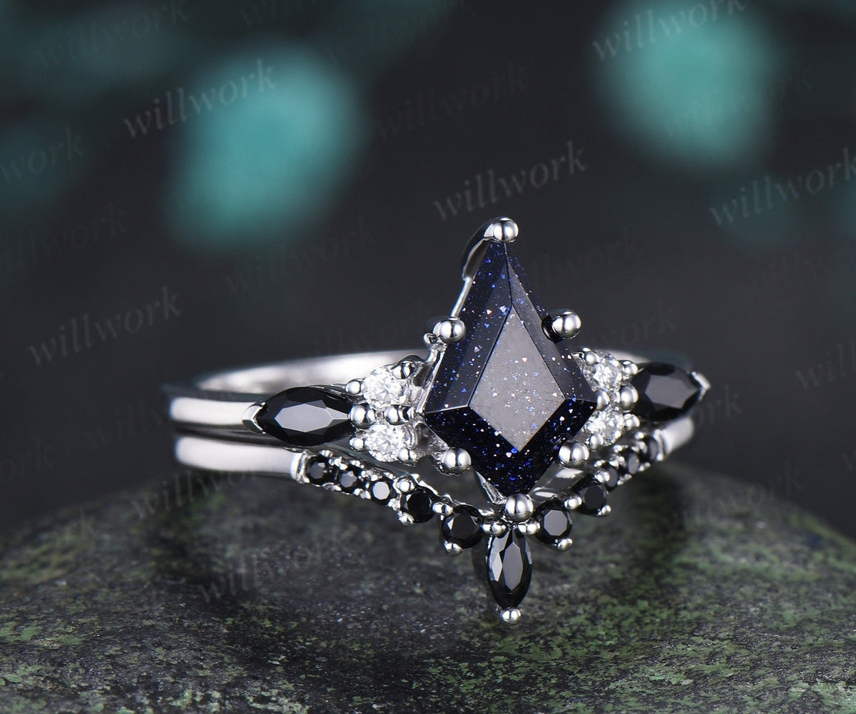 Kite Cut Blue Sandstone Ring Set & 5mm Blue Sandstone Full Eternity Ring Unique Couple Rings