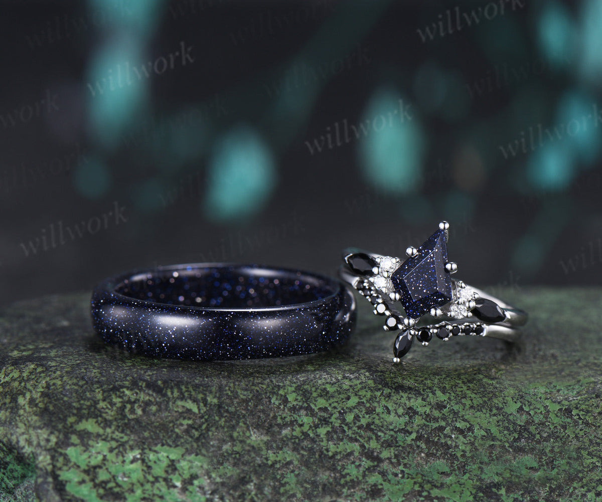 Kite Cut Blue Sandstone Ring Set & 5mm Blue Sandstone Full Eternity Ring Unique Couple Rings