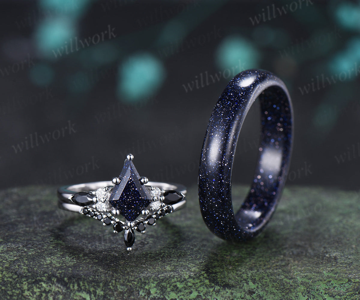 Kite Cut Blue Sandstone Ring Set & 5mm Blue Sandstone Full Eternity Ring Unique Couple Rings