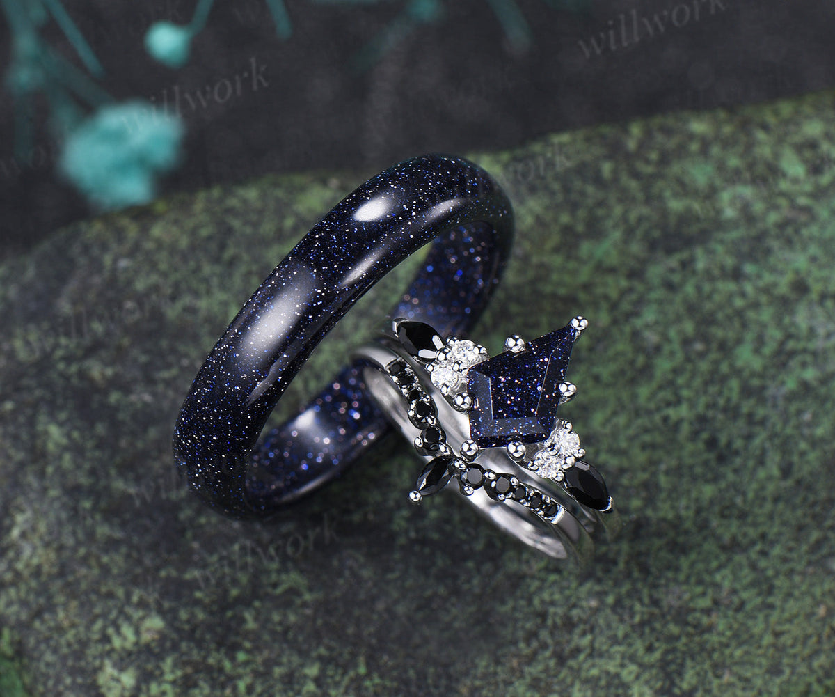 Kite Cut Blue Sandstone Ring Set & 5mm Blue Sandstone Full Eternity Ring Unique Couple Rings