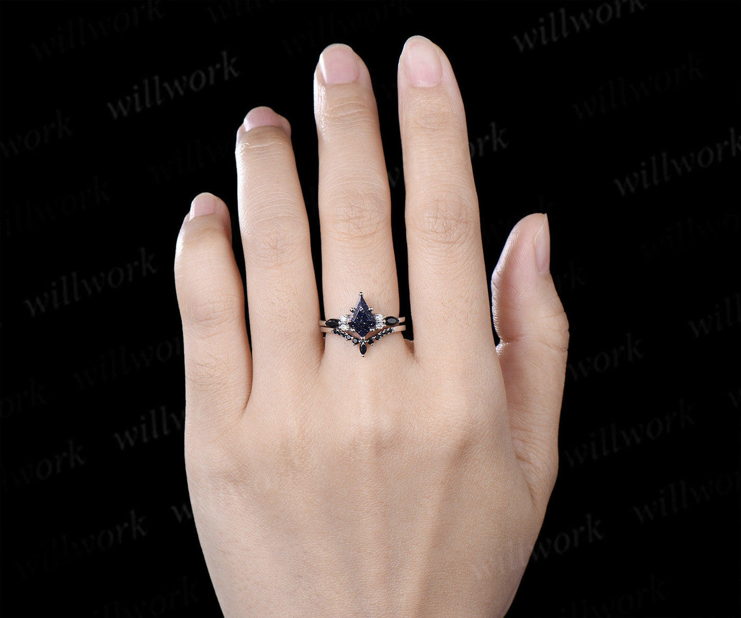 Kite Cut Blue Sandstone Ring Set & 5mm Blue Sandstone Full Eternity Ring Unique Couple Rings
