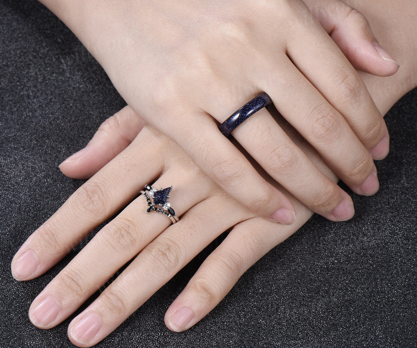 Kite Cut Blue Sandstone Ring Set & 5mm Blue Sandstone Full Eternity Ring Unique Couple Rings