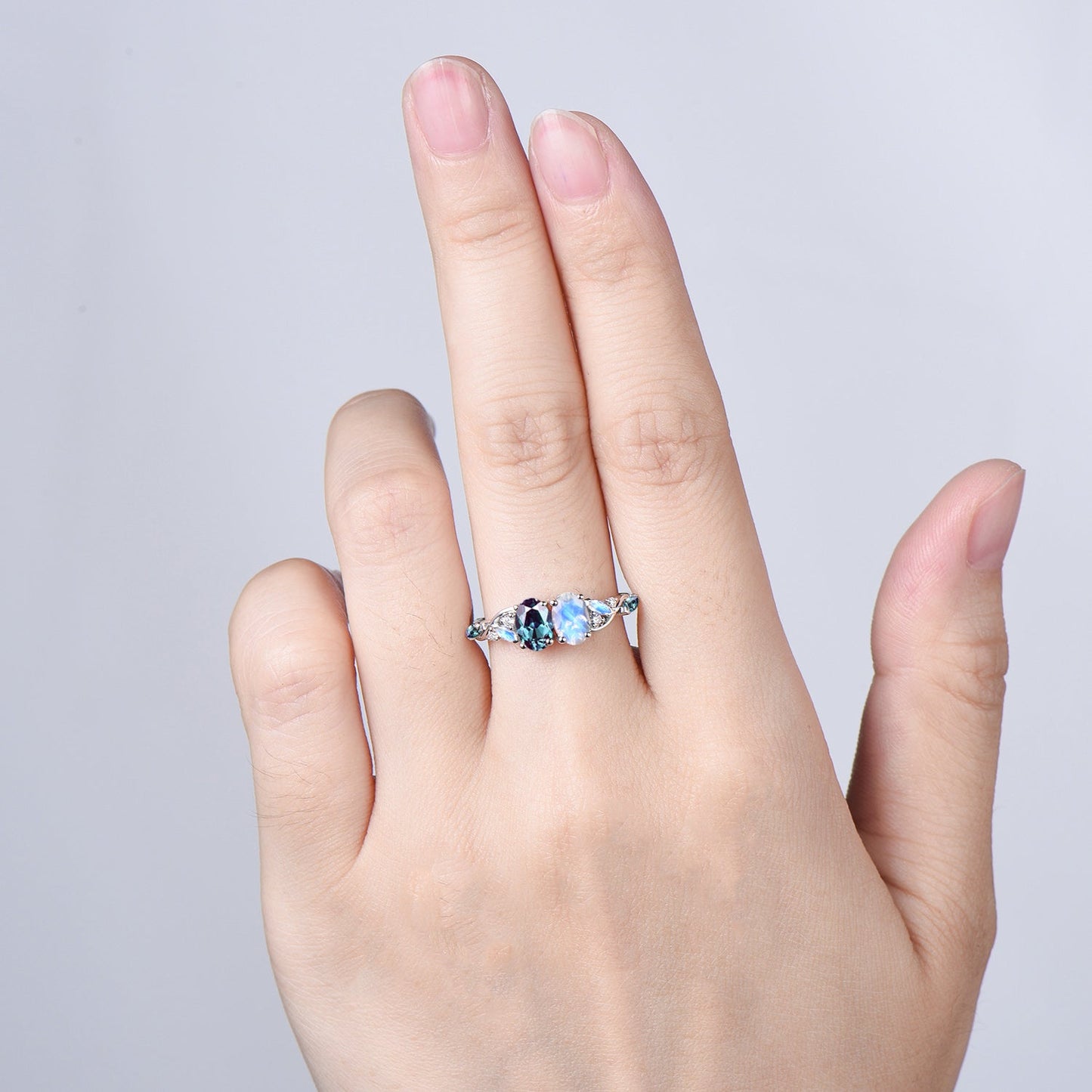 Toi et Moi Alexandrite Moonstone Engagement Ring | Unique Two Stone Vine Eternity Band
