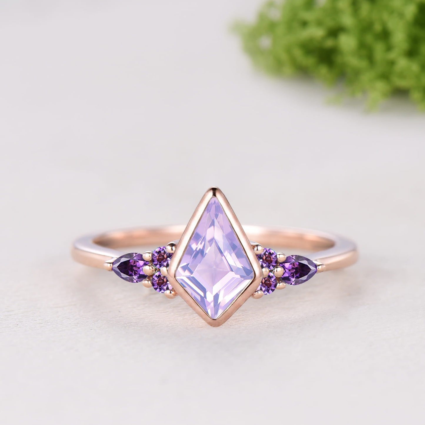Kite Cut Lavender Amethyst Bezel Set Engagement Ring Amethyst Band Rose Gold Ring Set