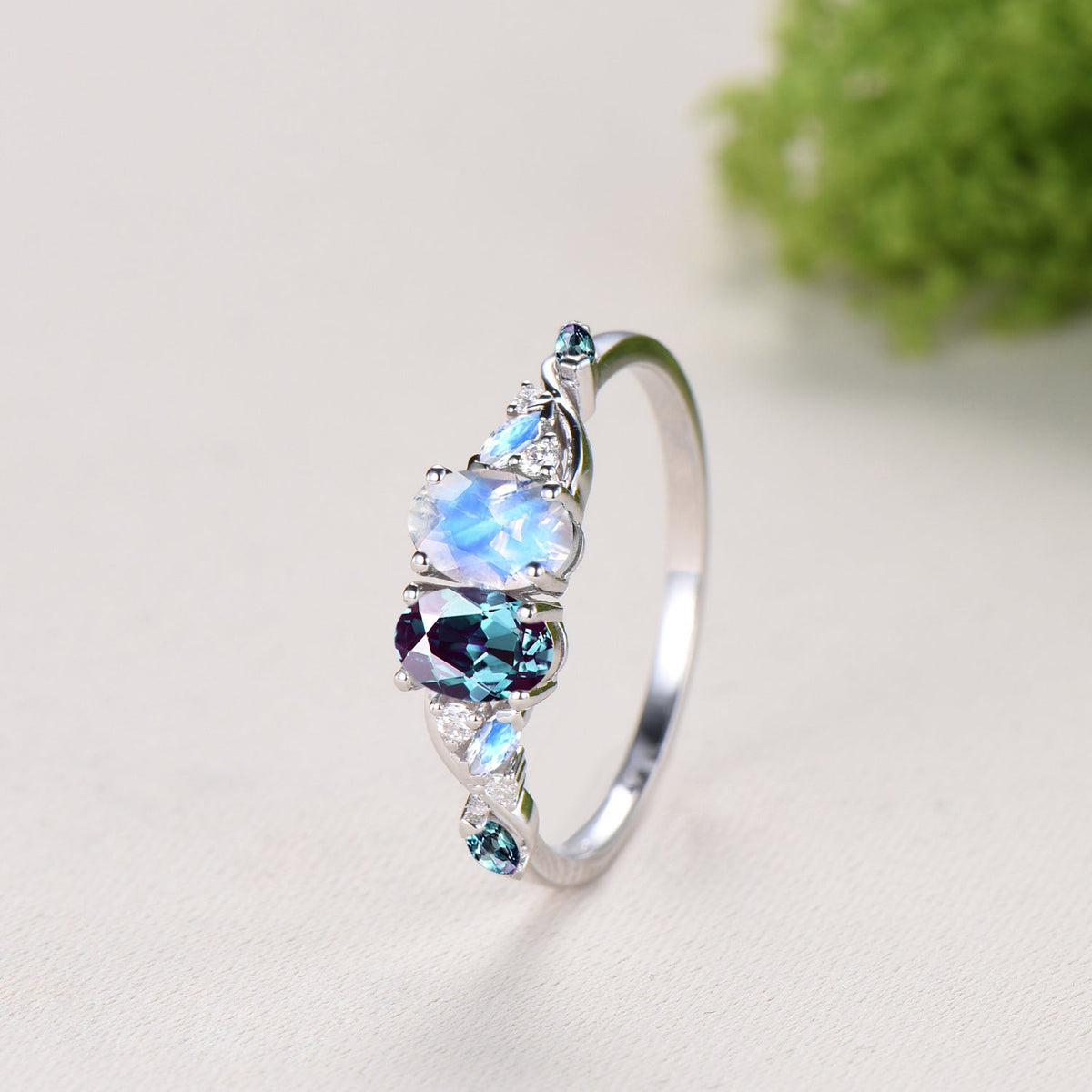 Toi et Moi Alexandrite Moonstone Engagement Ring | Unique Two Stone Vine Eternity Band