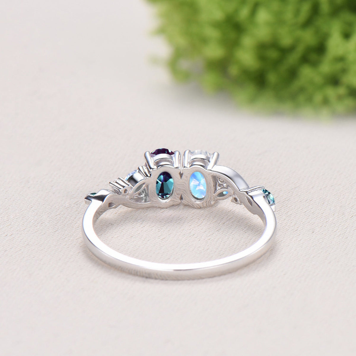 Toi et Moi Alexandrite Moonstone Engagement Ring | Unique Two Stone Vine Eternity Band