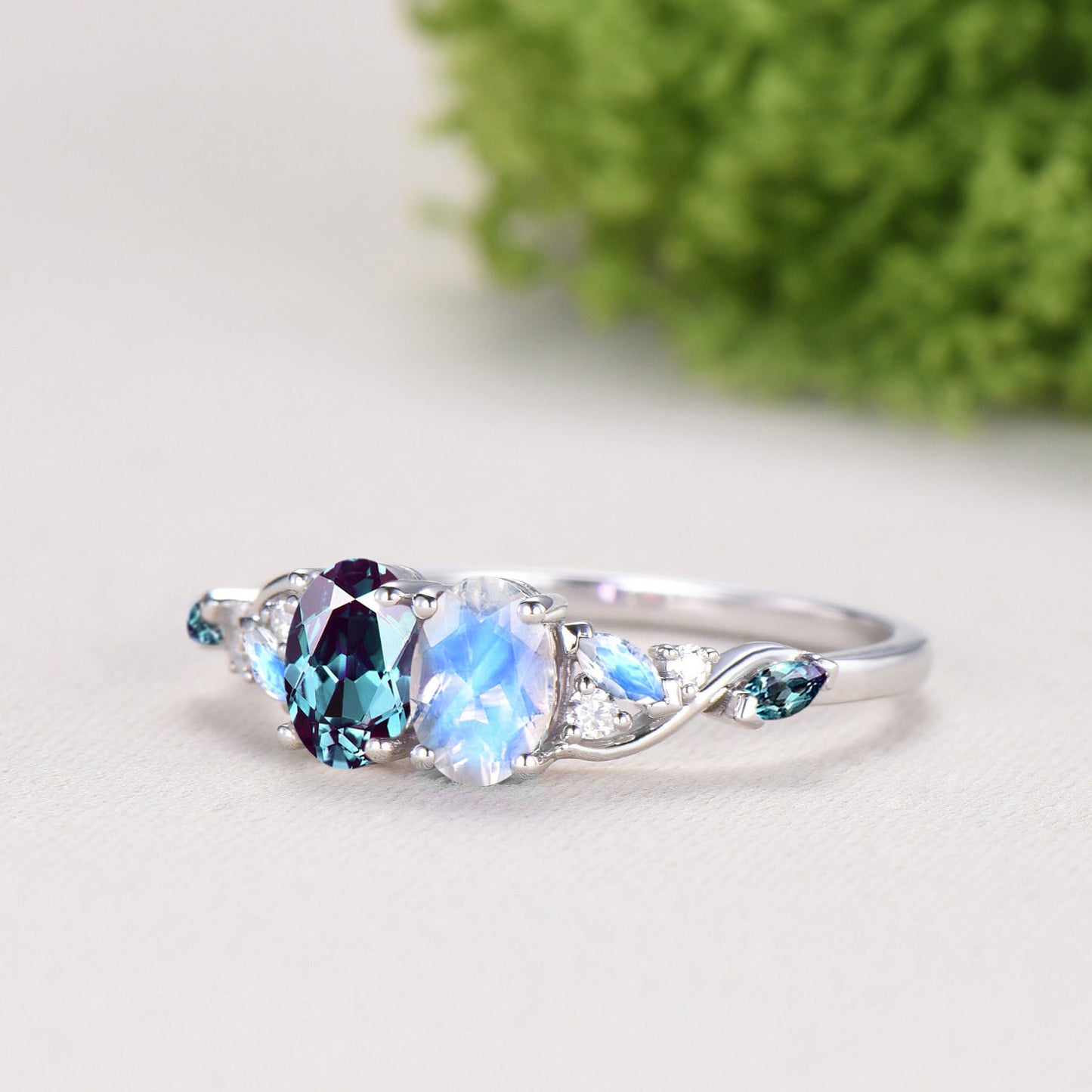 Toi et Moi Alexandrite Moonstone Engagement Ring | Unique Two Stone Vine Eternity Band