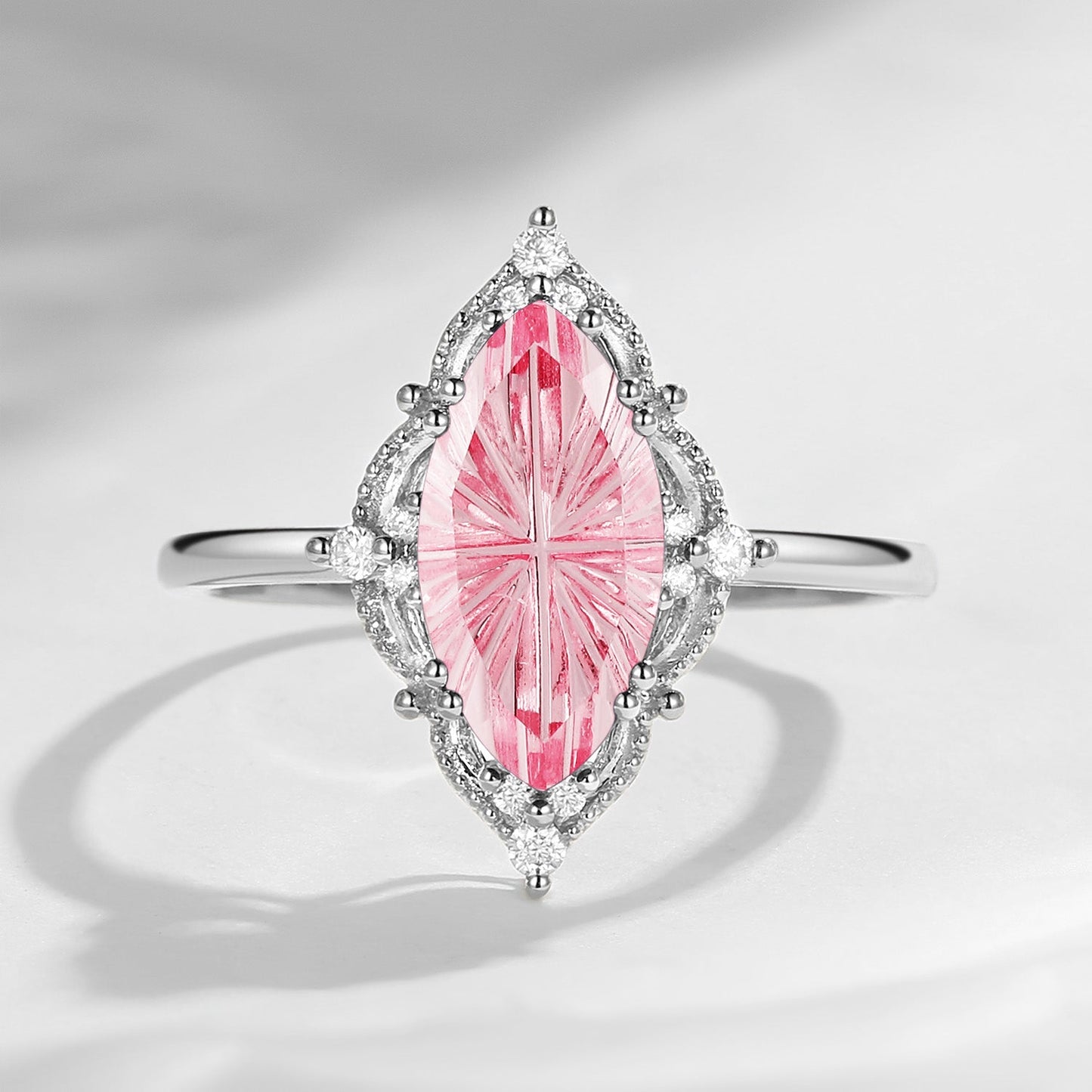 Fantasy Carved Lab Pink Sapphire Marquise Vintage Inspired Engagement Ring