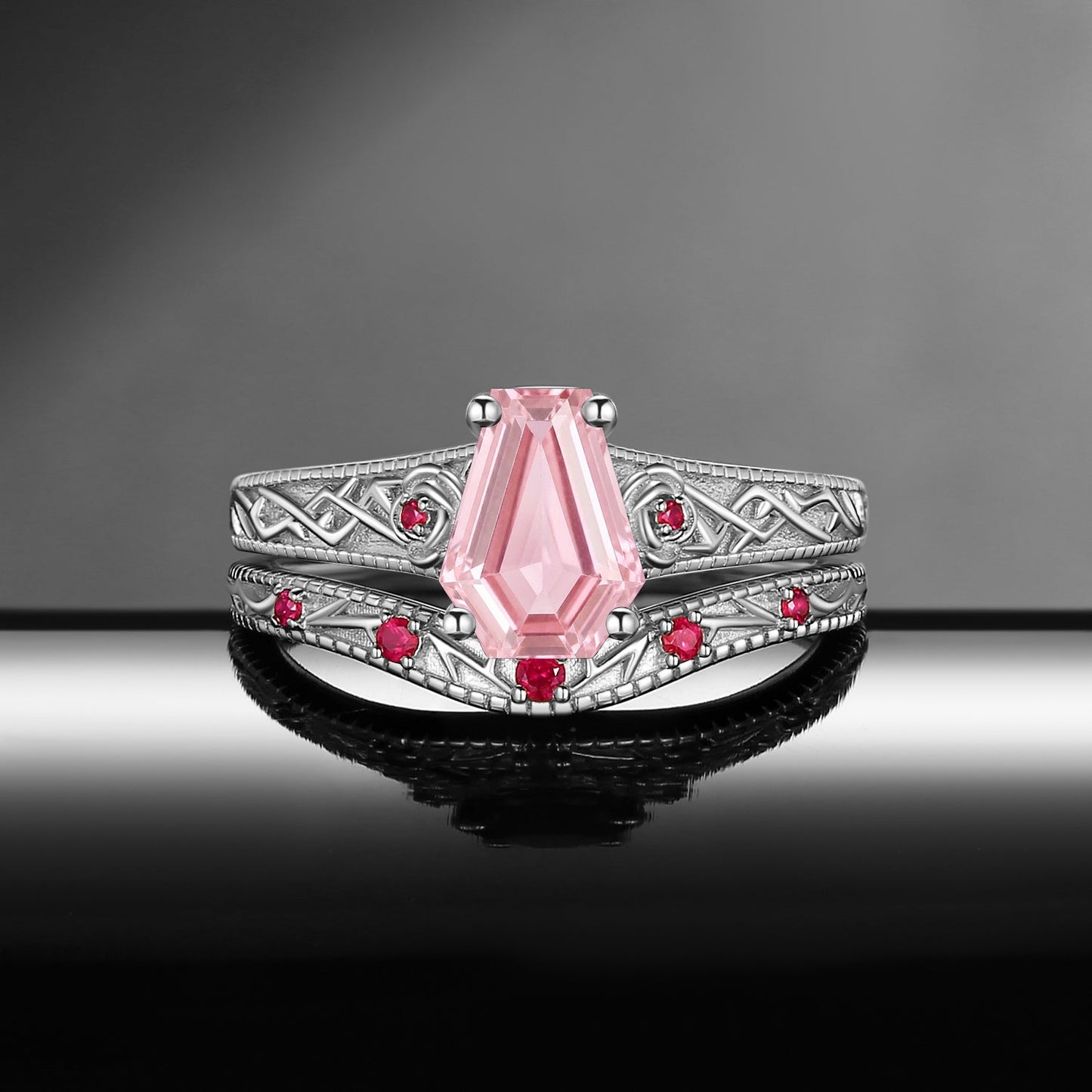 Nature Inspired Coffin Lab Pink Sapphire Vintage Filigree Engagement Ring Set 2pcs - 'Thorns & Roses'