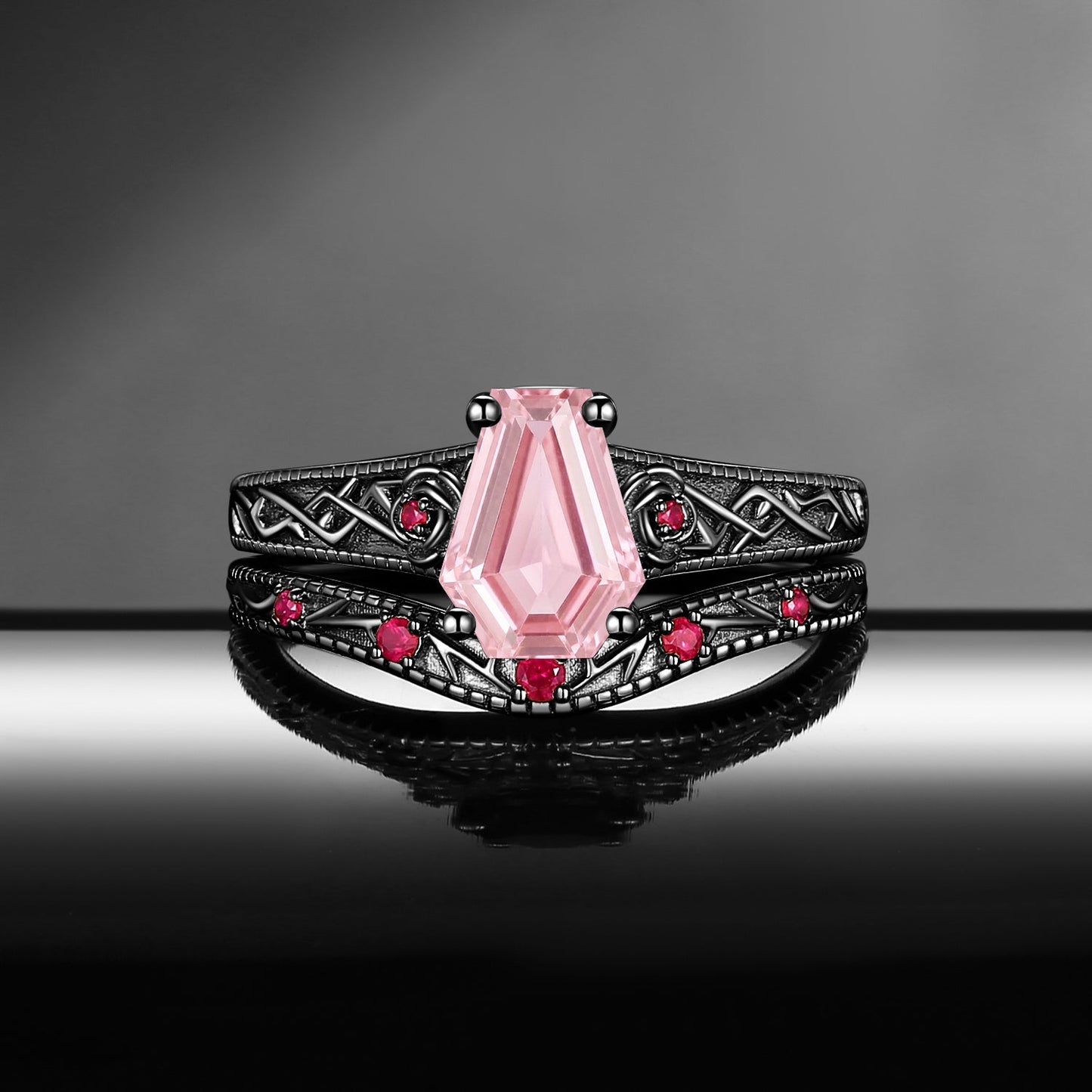 Nature Inspired Coffin Lab Pink Sapphire Vintage Filigree Engagement Ring Set 2pcs - 'Thorns & Roses'
