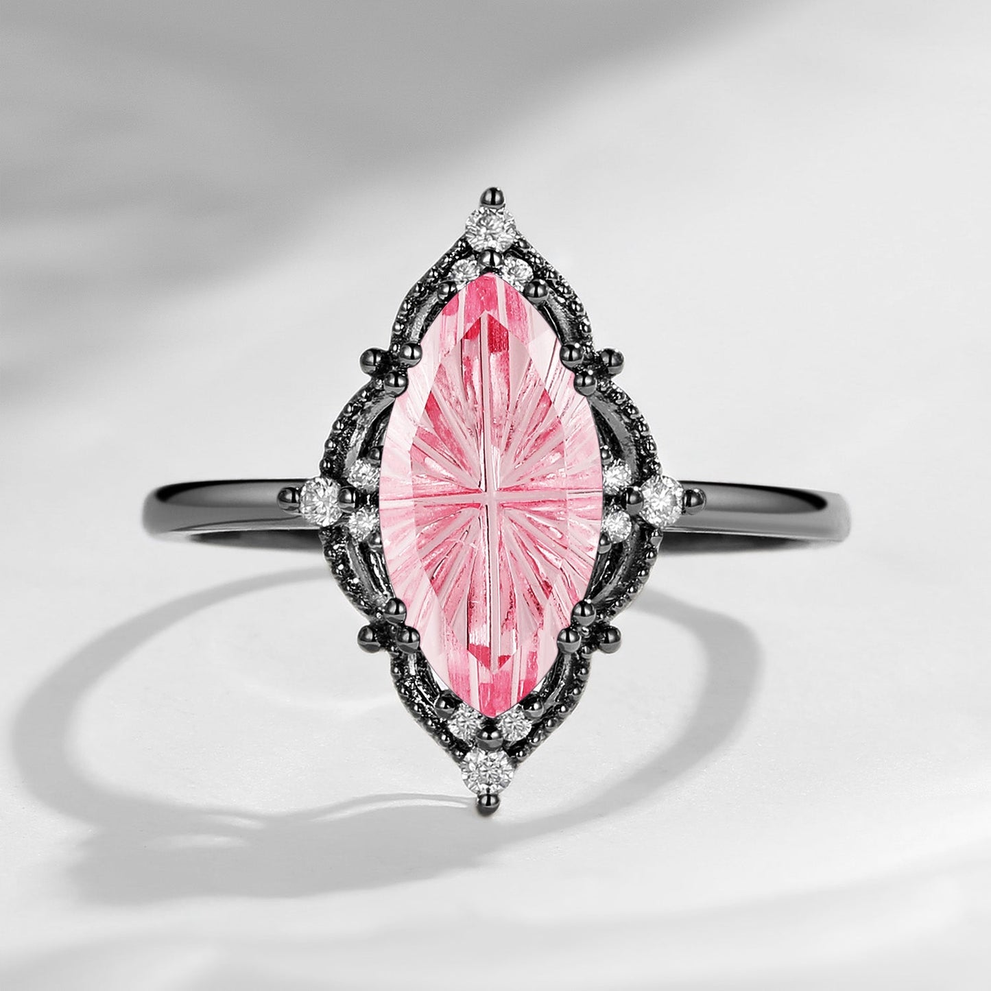 Fantasy Carved Lab Pink Sapphire Marquise Vintage Inspired Engagement Ring