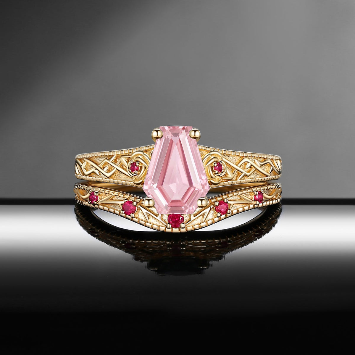 Nature Inspired Coffin Lab Pink Sapphire Vintage Filigree Engagement Ring Set 2pcs - 'Thorns & Roses'