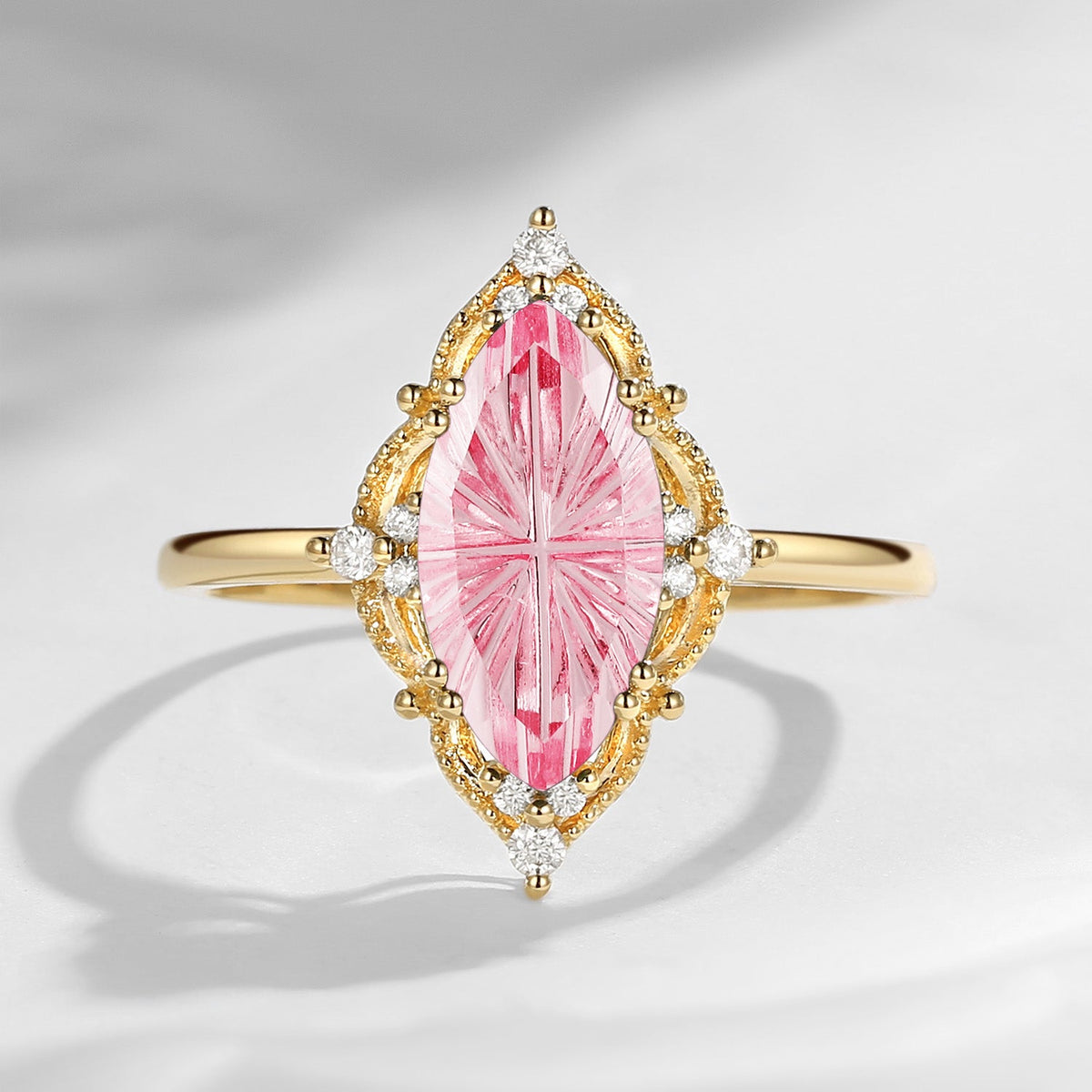 Fantasy Carved Lab Pink Sapphire Marquise Vintage Inspired Engagement Ring