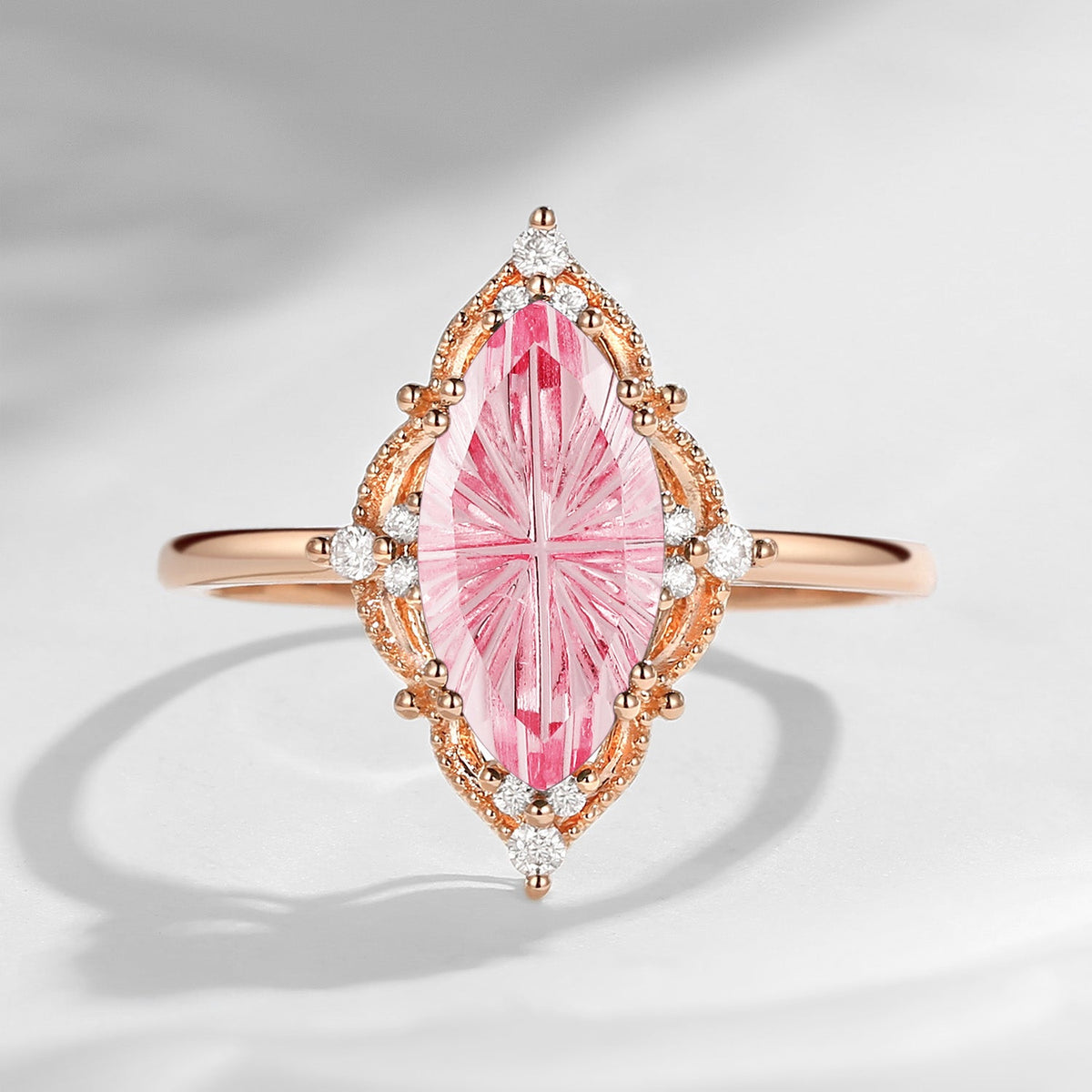 Fantasy Carved Lab Pink Sapphire Marquise Vintage Inspired Engagement Ring