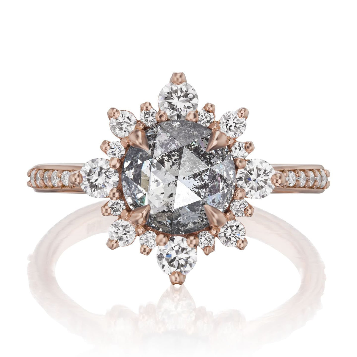 ・REYNA・Rose Cut Salt + Pepper Diamond Center, Diamond Halo (1.97ctw+)