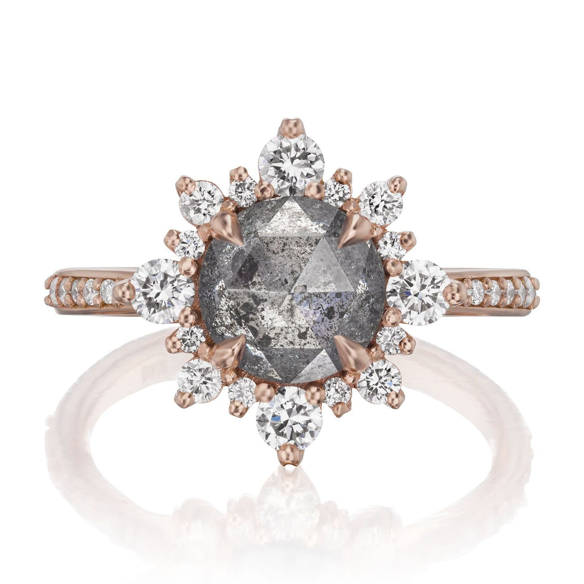 ・REYNA・Rose Cut Salt + Pepper Diamond Center, Diamond Halo (2.60ctw+)