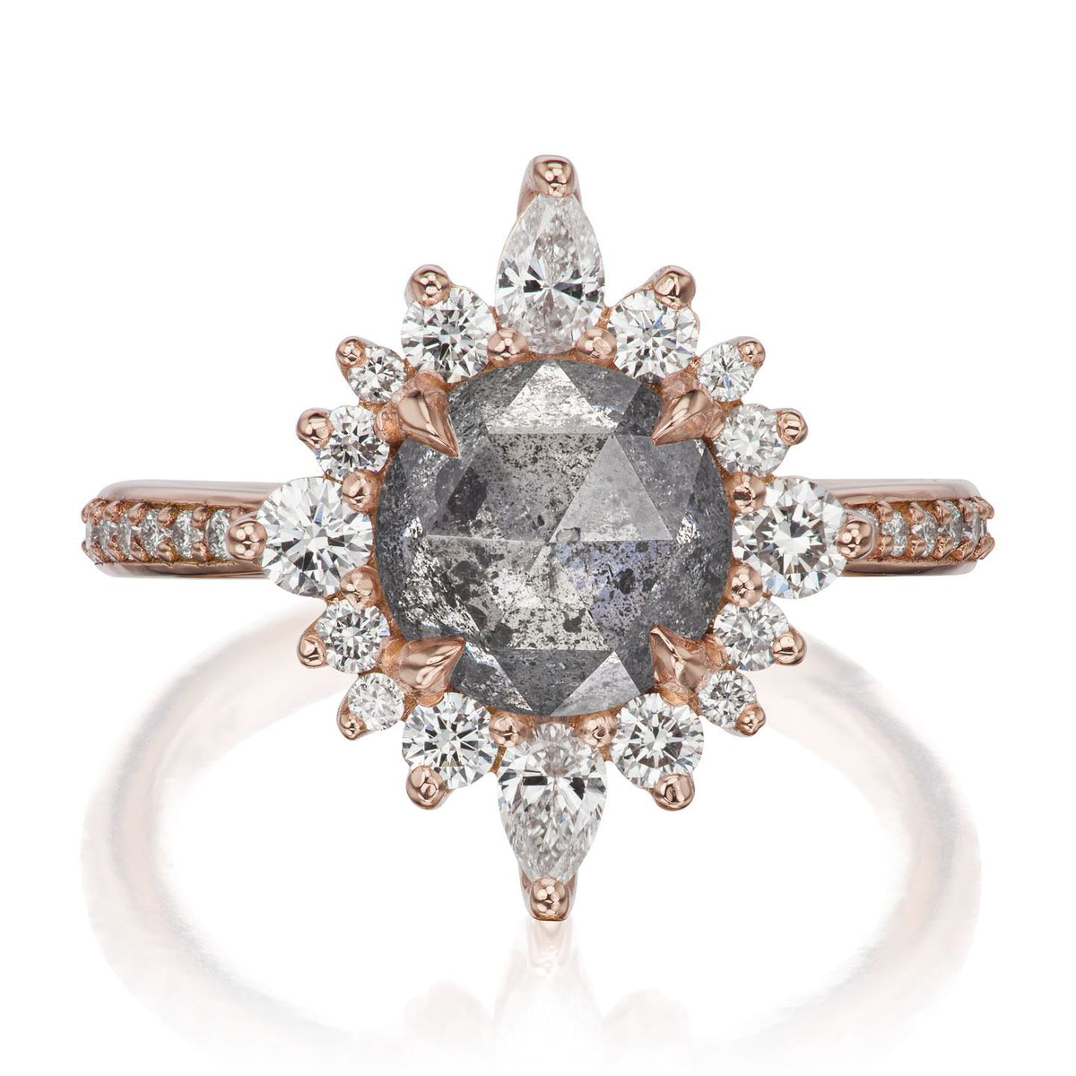 ・ZAHRA・Rose Cut Salt + Pepper Diamond Center, Diamond Halo (2.65ctw+)