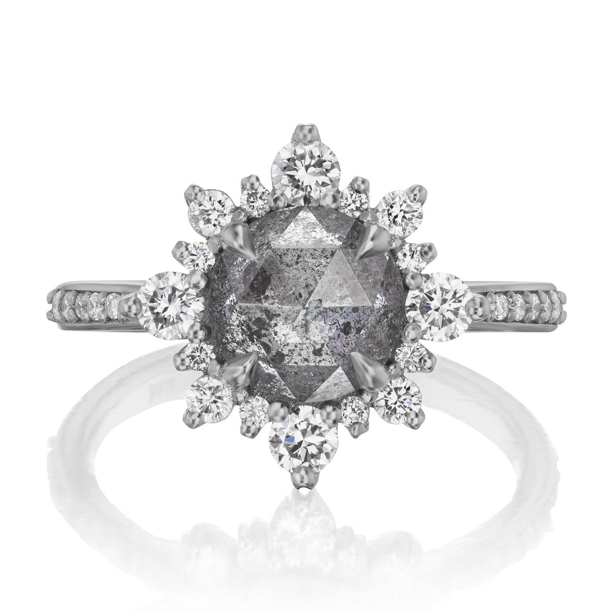 ・REYNA・Rose Cut Salt + Pepper Diamond Center, Diamond Halo (2.60ctw+)