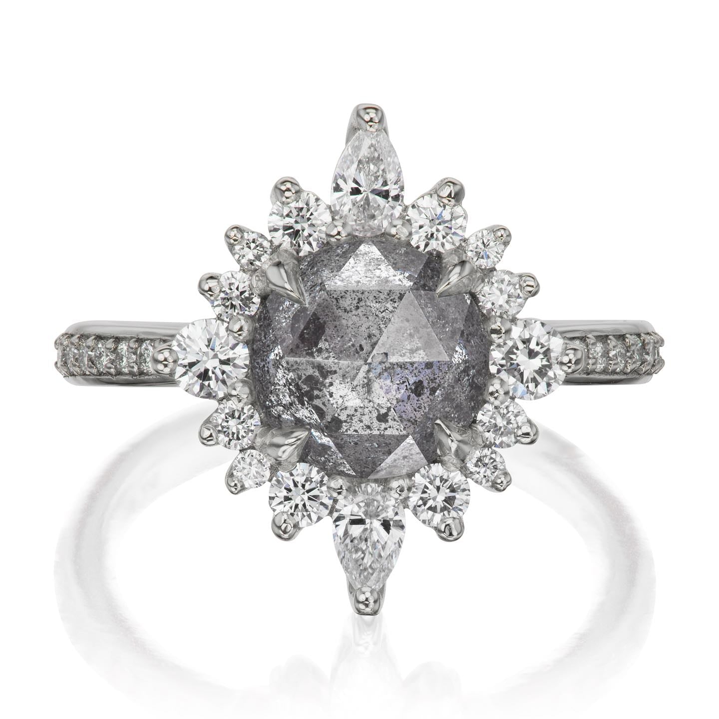 ・ZAHRA・Rose Cut Salt + Pepper Diamond Center, Diamond Halo (2.65ctw+)