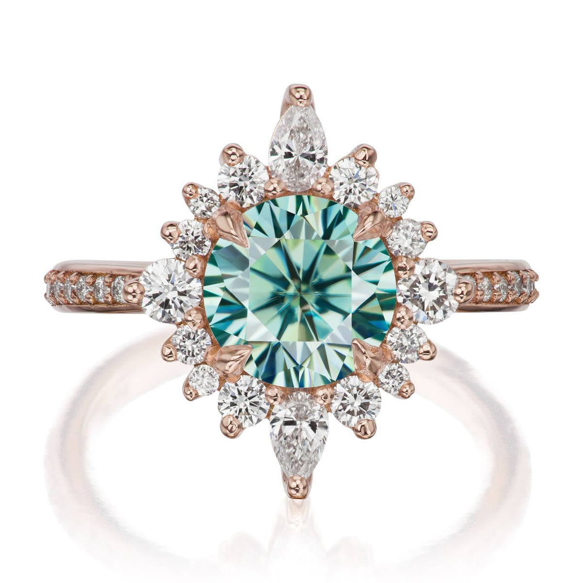 ・ZAHRA・Aqua-Teal Iconic™ Moissanite Center, Diamond Halo (1.98ctw+)