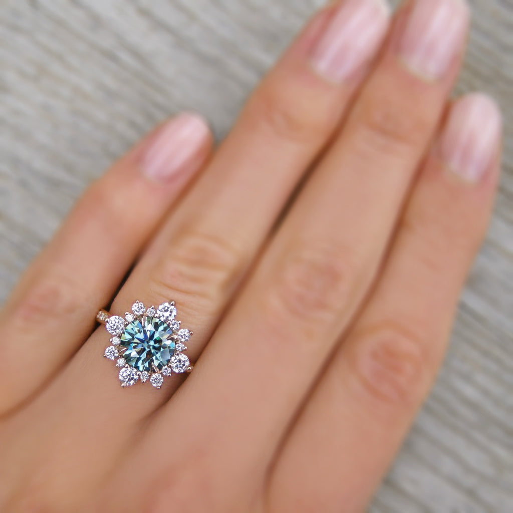 ・REYNA・Aqua-Teal Iconic™ Moissanite Center, Diamond Halo (1.93ctw+)