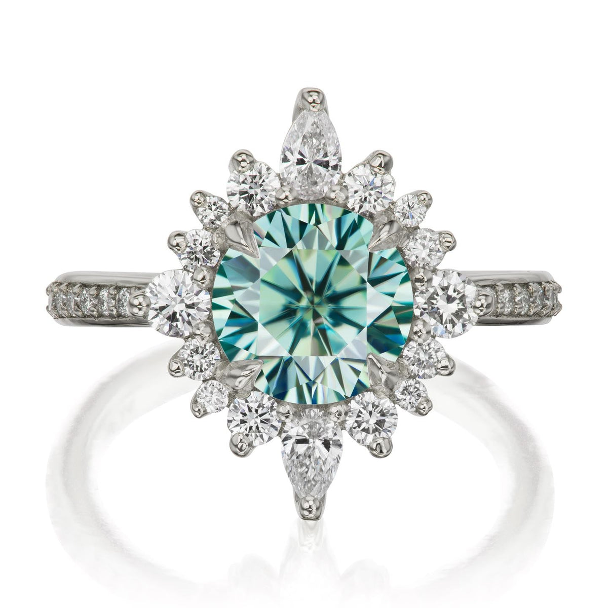 ・ZAHRA・Aqua-Teal Iconic™ Moissanite Center, Diamond Halo (1.98ctw+)