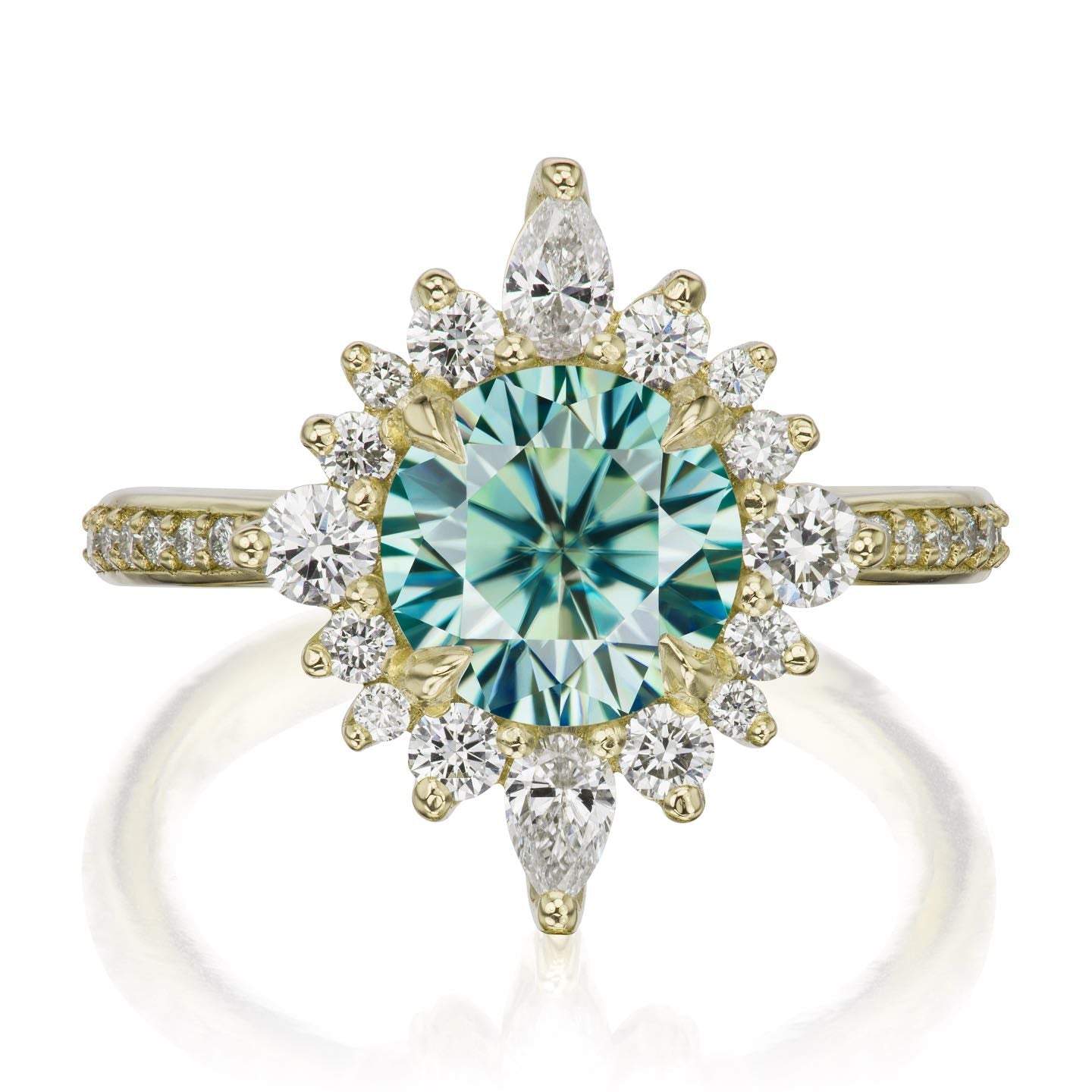 ・ZAHRA・Aqua-Teal Iconic™ Moissanite Center, Diamond Halo (1.98ctw+)