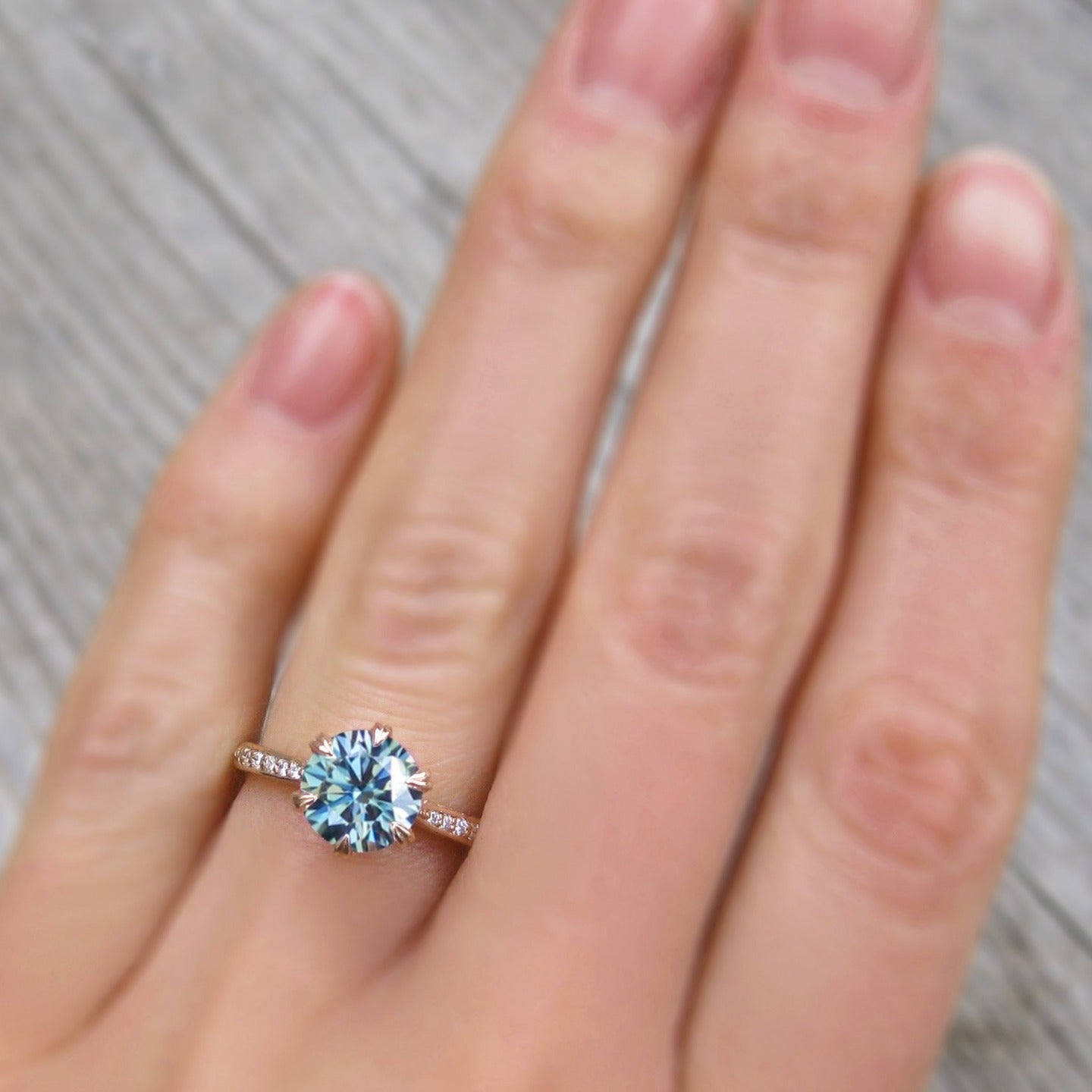 ・CAMILLE・Aqua-Teal Iconic™ Moissanite, Twig Textured Diamond Band (1.5ct Center)